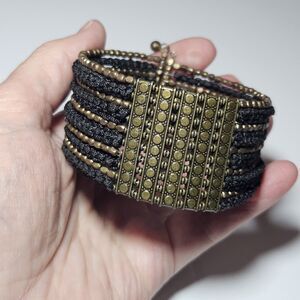 Bronze Tone Beaded And Black Macrame Wrap Bracelet